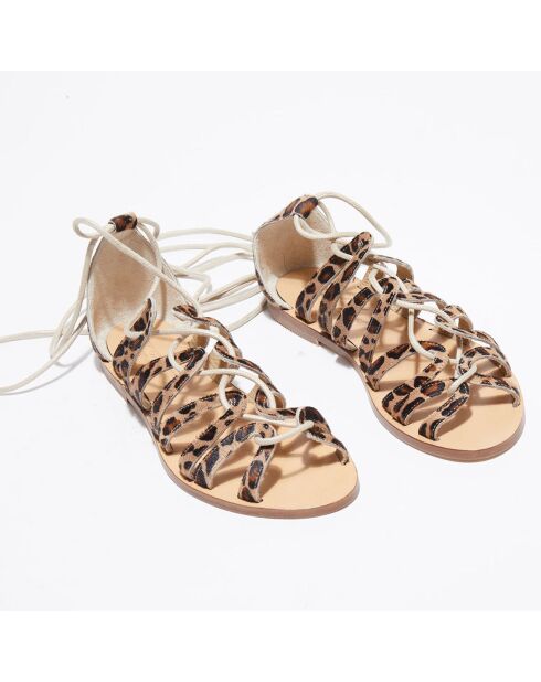 Camel/bruine leren sandalen met ponyeffect met lamseffect