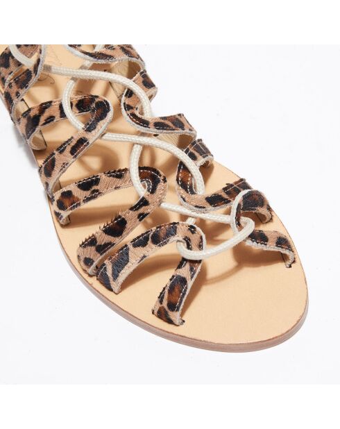 Camel/bruine leren sandalen met ponyeffect met lamseffect