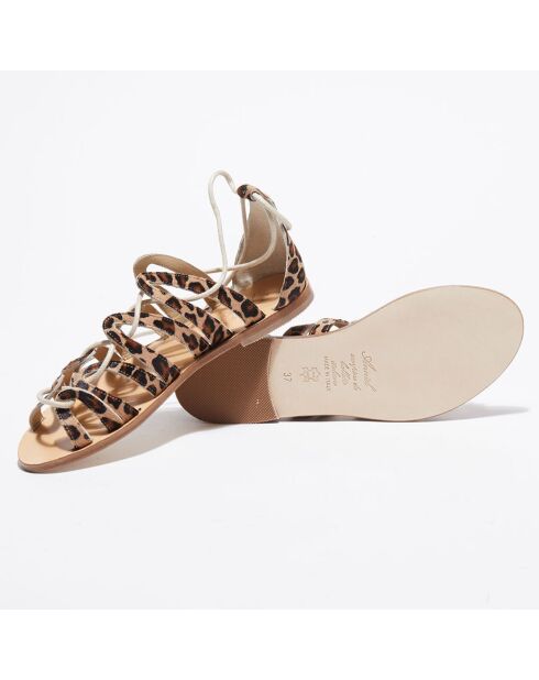 Camel/bruine leren sandalen met ponyeffect met lamseffect