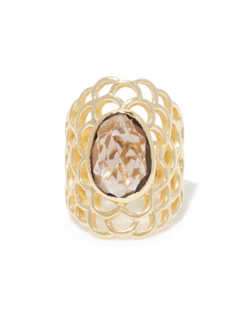 Bague ajustable Quartz fumé en laiton doré