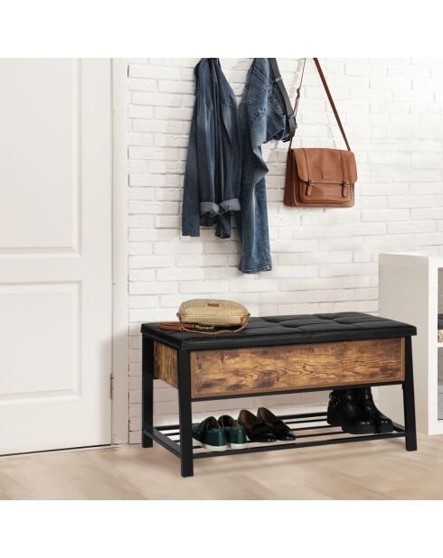 Banc coffre d'entrée Vintage Nino noir/bois foncé - 100x40x52 cm