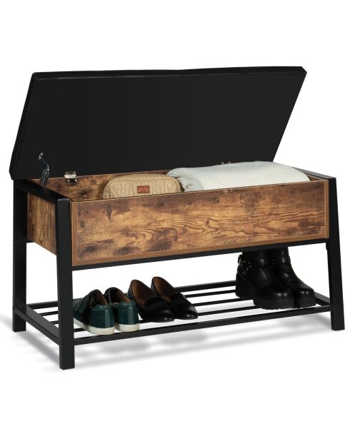 Banc coffre d'entrée Vintage Nino noir/bois foncé - 100x40x52 cm