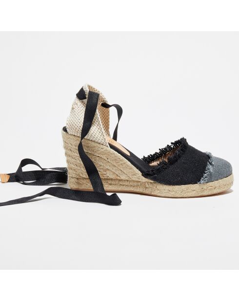 Espadrilles aus Textil mit Keilabsatz in Schwarz/Grau — 8,5 cm Absatz