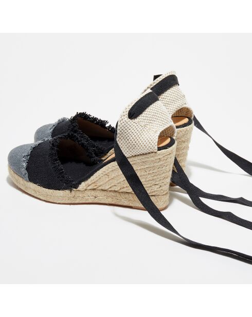 Espadrilles aus Textil mit Keilabsatz in Schwarz/Grau — 8,5 cm Absatz