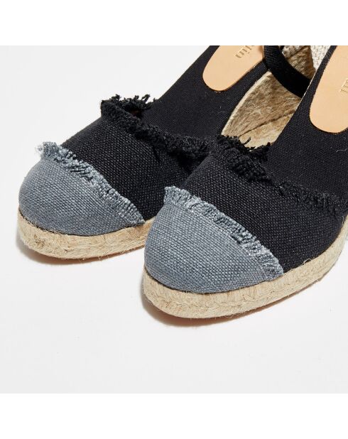 Espadrilles aus Textil mit Keilabsatz in Schwarz/Grau — 8,5 cm Absatz