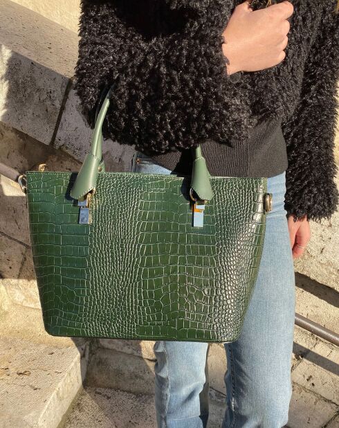 Sac cabas en Cuir croco Nico vert bouteille - 25x13x30 cm