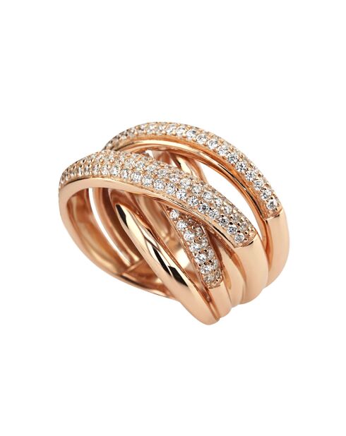 Met elkaar verweven trioring in roségoud verguld zilver en zirkonia