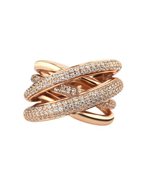 Met elkaar verweven trioring in roségoud verguld zilver en zirkonia