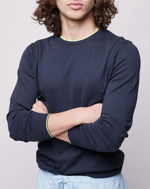 Pull fin col et poignet fluo bleu marine
