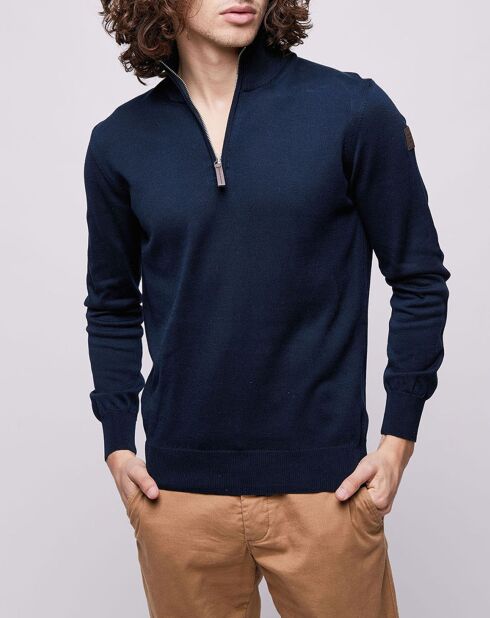 Pull fin 00% Coton Bio 1/2 zip bleu marine