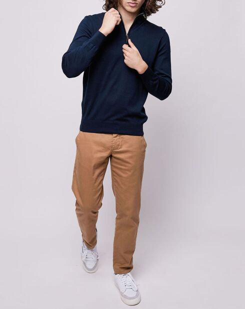 Pull fin 00% Coton Bio 1/2 zip bleu marine