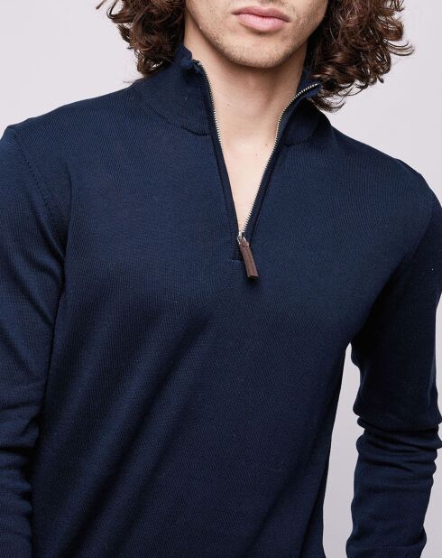 Pull fin 00% Coton Bio 1/2 zip bleu marine