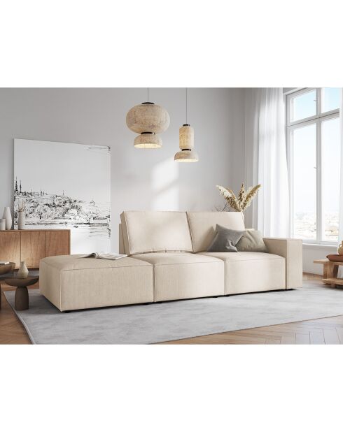 Canapé modulable gauche velours côtelé carlo 3 places beige - 255x102x90 cm