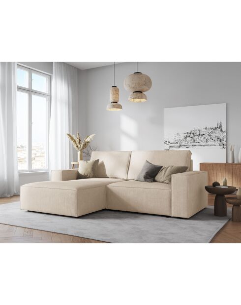 Canapé d'angle gauche velours côtelé carlo 3 places beige - 229x166x90 cm