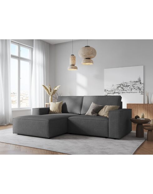 Canapé d'angle gauche velours côtelé carlo 3 places gris - 229x166x90 cm