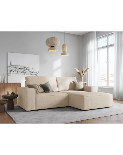 Canapé d'angle droit velours côtelé carlo 3 places beige - 229x166x90 cm