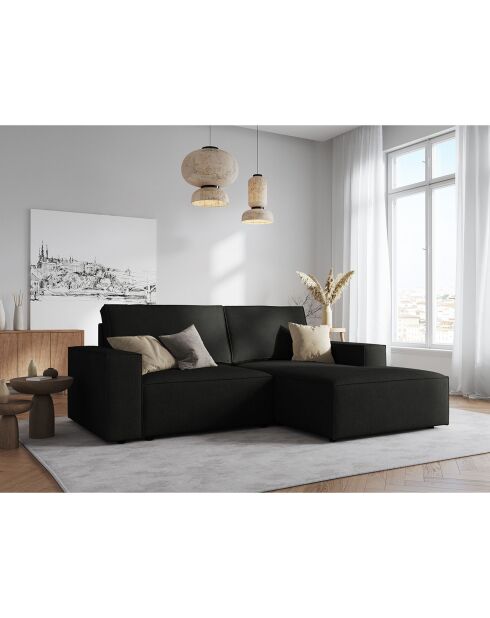 Canapé d'angle droit velours côtelé carlo 3 places noir - 229x166x90 cm