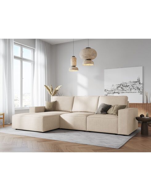 Canapé d'angle gauche velours côtelé carlo 4 places beige - 289x166x90 cm