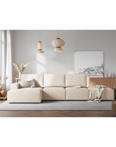 Canapé d'angle gauche velours côtelé carlo 5 places beige - 341x166x90 cm
