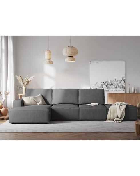 Canapé d'angle gauche velours côtelé carlo 5 places gris - 341x166x90 cm