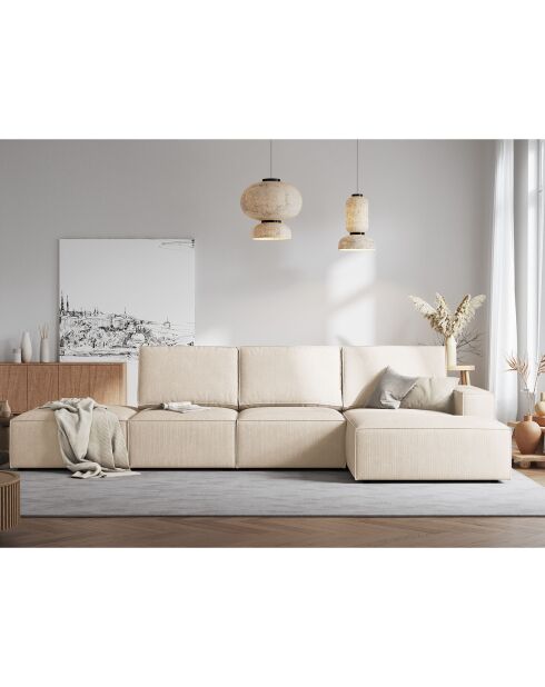 Canapé d'angle droit velours côtelé carlo 5 places beige - 341x166x90 cm