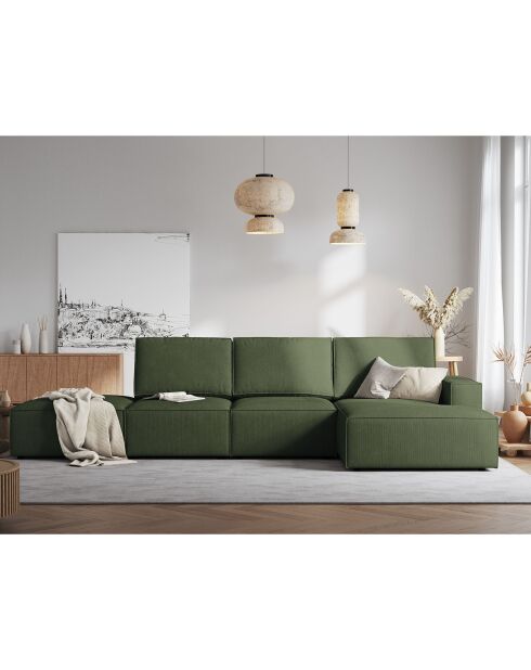 Canapé d'angle droit velours côtelé carlo 5 places vert bouteille - 341x166x90 cm