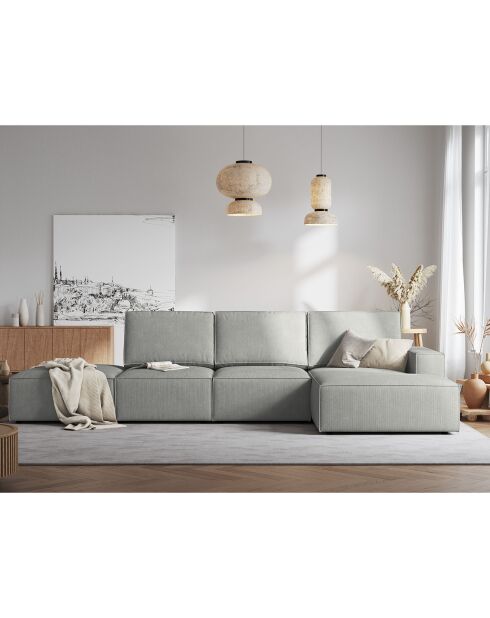 Canapé d'angle droit velours côtelé carlo 5 places gris clair - 341x166x90 cm