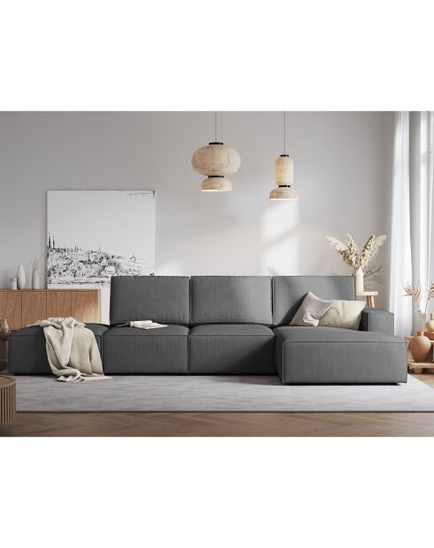 Canapé d'angle droit velours côtelé carlo 5 places gris - 341x166x90 cm