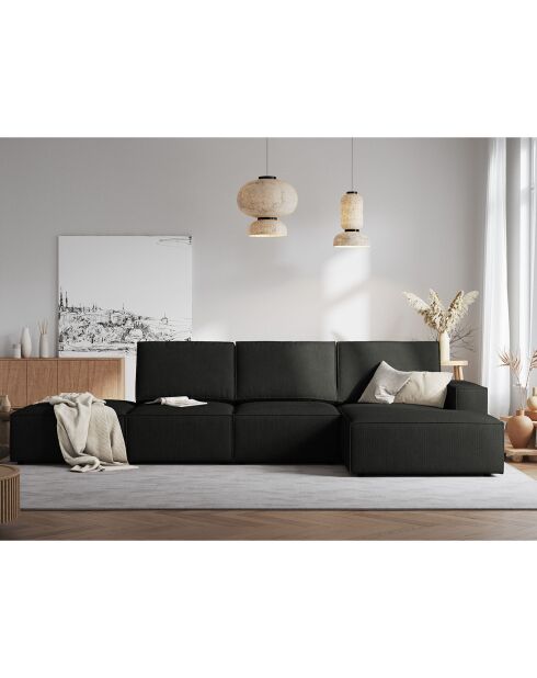 Canapé d'angle droit velours côtelé carlo 5 places noir - 341x166x90 cm