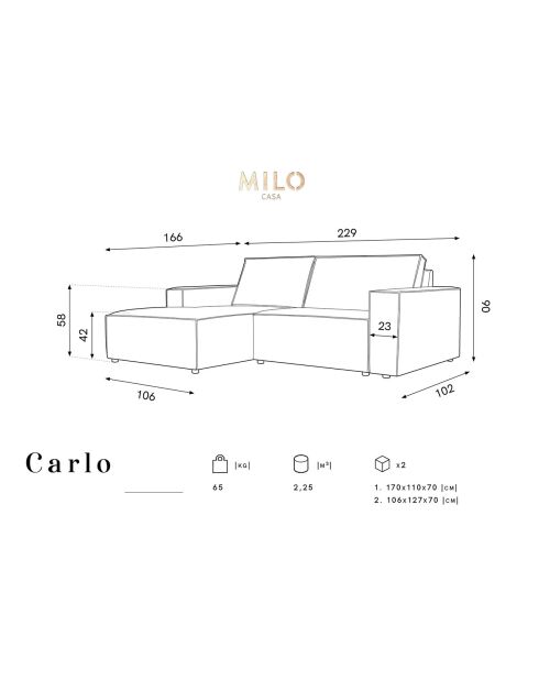 Canapé d'angle gauche velours côtelé carlo 3 places beige - 229x166x90 cm