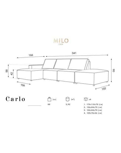 Canapé d'angle gauche velours côtelé carlo 5 places beige - 341x166x90 cm