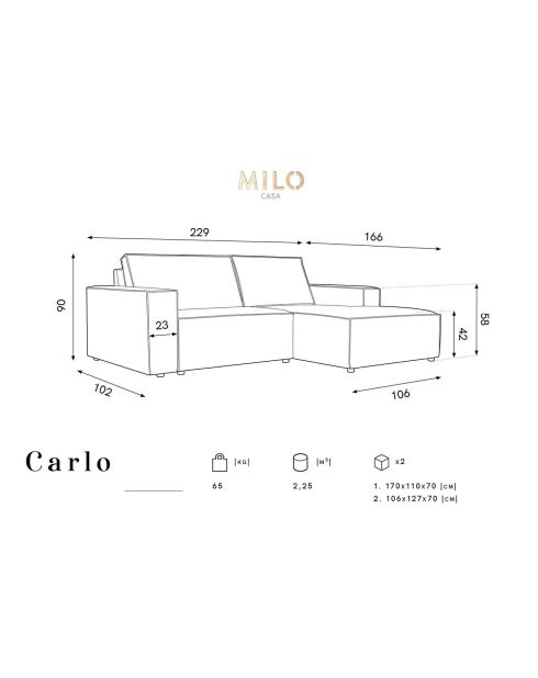 Canapé d'angle droit velours côtelé carlo 3 places noir - 229x166x90 cm