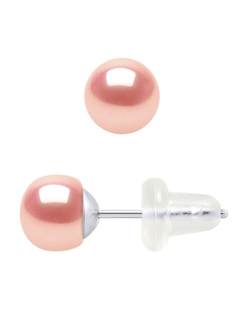Boucles d'oreilles Or Blanc & Perles d'Eau Douce boutons rose naturel