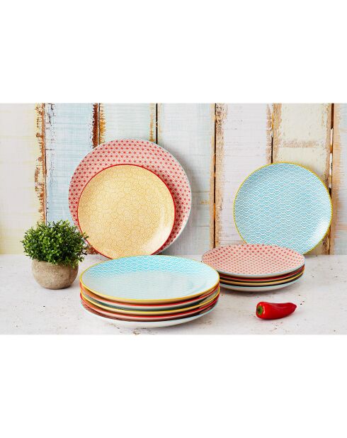 6 Assiettes plates Pattern Color bleu clair/rouge/jaune - D.26 cm