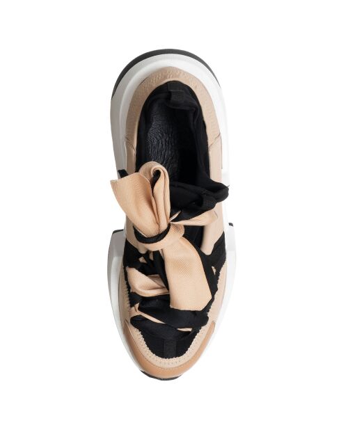 Sneakers en Cuir & Toile Lorena nude/noir - Plateforme 5 cm