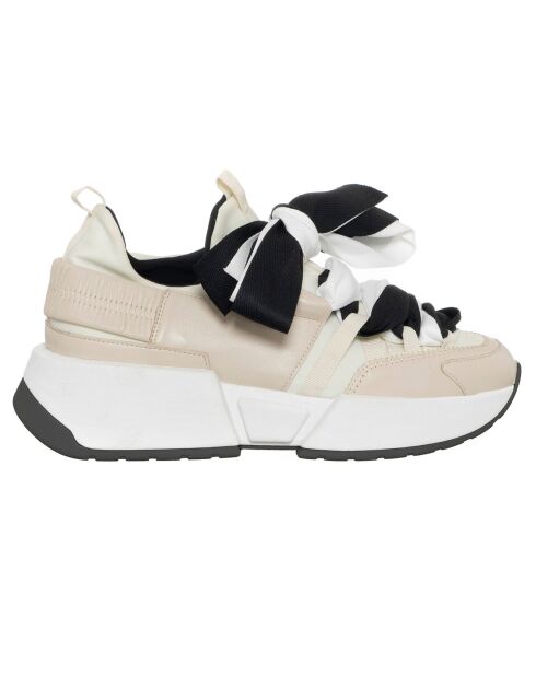 Sneakers en Cuir & Toile Lorena beige/rose/noir - Plateforme 5 cm