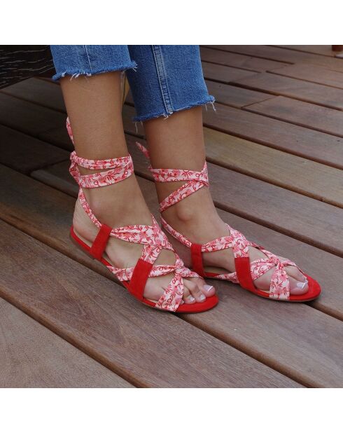 Sandales en Cuir & Tissu imprimé Juillet cerise