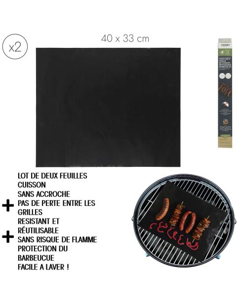 2 Feuilles de cuisson reutilisable barbecue noires - 40x33 cm
