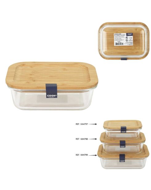 Lunch box en verre et bamboo verre transparent/bambou - 52 cl