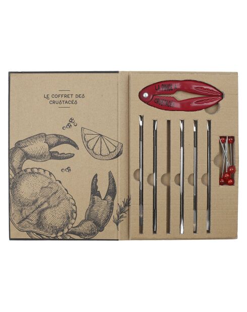 Coffret crustacés pince et 6 piques fourchette rouge/inox - 4.6x17.9x1 cm