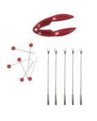 Coffret crustacés pince et 6 piques fourchette rouge/inox - 4.6x17.9x1 cm