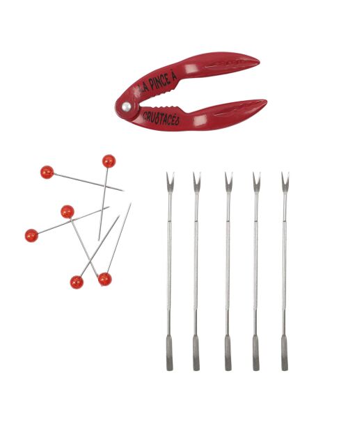 Coffret crustacés pince et 6 piques fourchette rouge/inox - 4.6x17.9x1 cm