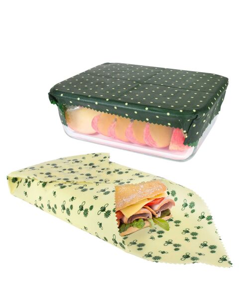 3 Emballages alimentaire cire abeille coloris aléatoire vert/ivoire - 35x35 cm