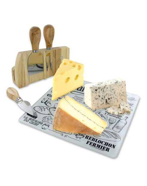 Planche à fromage avec 3 ustensiles aimantés blanc/noir/marron - 21.2x22.6 cm
