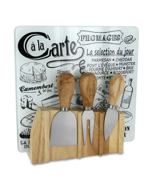 Planche à fromage avec 3 ustensiles aimantés blanc/noir/marron - 21.2x22.6 cm