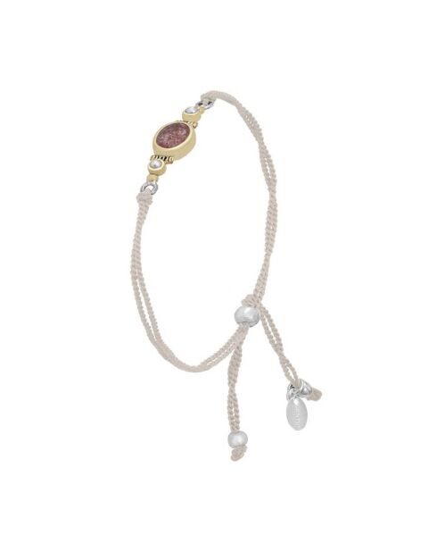 Brazalete de cordón blanco en plata, latón y cuarzo fresa
