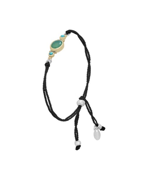 Bracelet Cordon Noir en Argent, Laiton & Chrysoprase verte