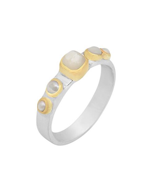 Bague Cinq Carrée en Argent, Laiton, Nacre & Perle