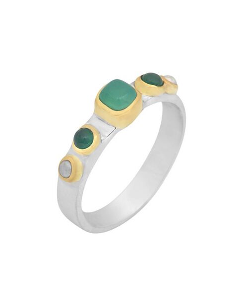 Bague Cinq Carrée en Argent, Laiton, Chrysoprase verte & Onyx vert