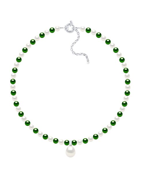 Collier Rang en Argent & Perle de Culture d'Eau Douce vert malachite/blanc naturel